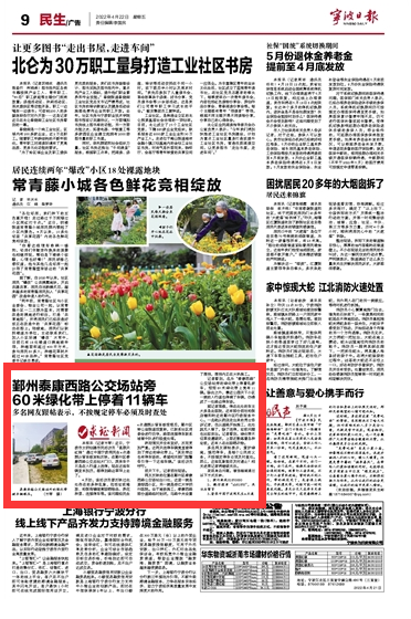 4月22日 鄞州泰康西路公交场站旁60米绿化带上停着11辆车